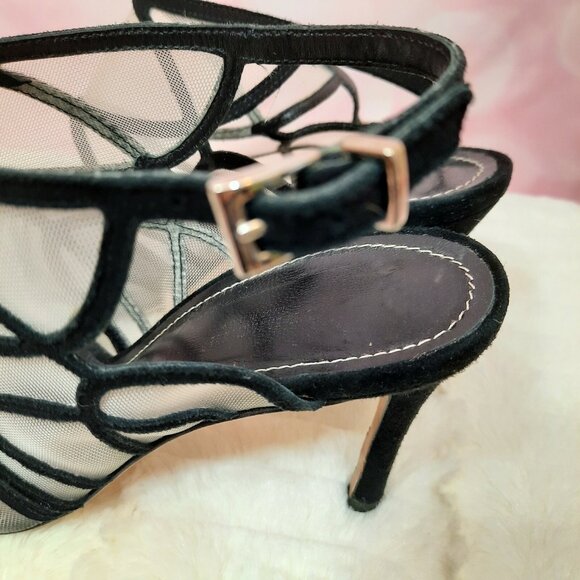 La Canadienne Black Suede Mesh Heels Sandals Size 39 US 8.5 Ankle Strap Italy - Picture 5 of 12
